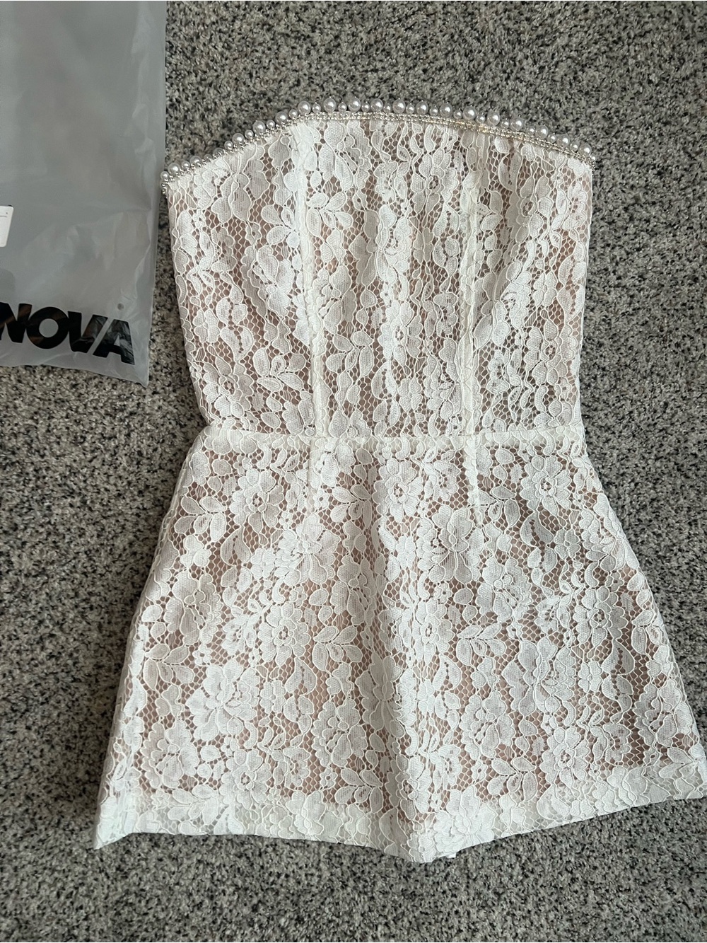 Rand new. Strapless White Lace Mini Dress with Pearl Trim
